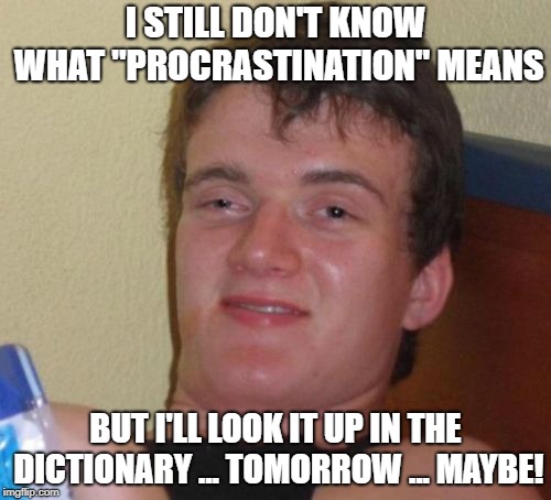 10 Guy Meme | I STILL DON'T KNOW WHAT "PROCRASTINATION" MEANS; BUT I'LL LOOK IT UP IN THE DICTIONARY ... TOMORROW ... MAYBE! | image tagged in memes,10 guy | made w/ Imgflip meme maker