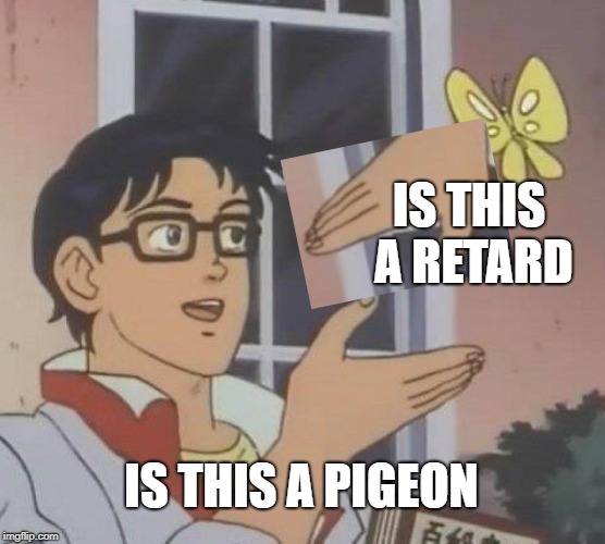 Is This A Pigeon Meme | IS THIS A RETARD; IS THIS A PIGEON | image tagged in memes,is this a pigeon | made w/ Imgflip meme maker