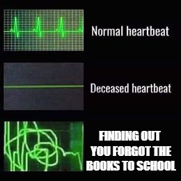 heartbeat rate | FINDING OUT YOU FORGOT THE BOOKS TO SCHOOL | image tagged in heartbeat rate | made w/ Imgflip meme maker