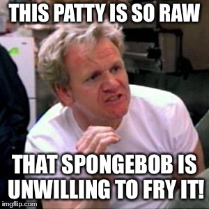gordon ramsey | THIS PATTY IS SO RAW; THAT SPONGEBOB IS UNWILLING TO FRY IT! | image tagged in gordon ramsey | made w/ Imgflip meme maker