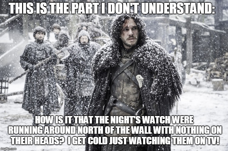 Nights watch | THIS IS THE PART I DON'T UNDERSTAND:; HOW IS IT THAT THE NIGHT'S WATCH WERE RUNNING AROUND NORTH OF THE WALL WITH NOTHING ON THEIR HEADS?  I GET COLD JUST WATCHING THEM ON TV! | image tagged in nights watch | made w/ Imgflip meme maker