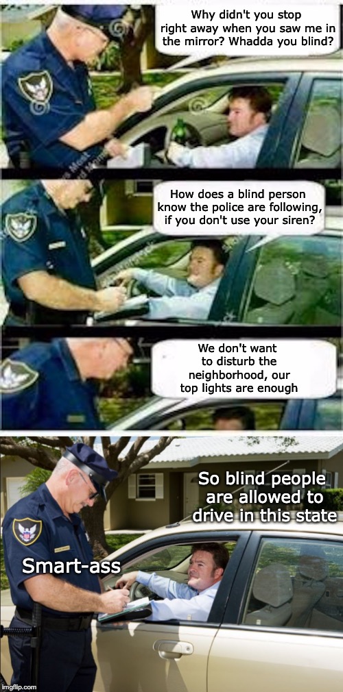 Eyes on the road | Why didn't you stop right away when you saw me in the mirror? Whadda you blind? How does a blind person know the police are following, if you don't use your siren? We don't want to disturb the neighborhood, our top lights are enough; So blind people are allowed to drive in this state; Smart-ass | image tagged in traffic,police,blind | made w/ Imgflip meme maker