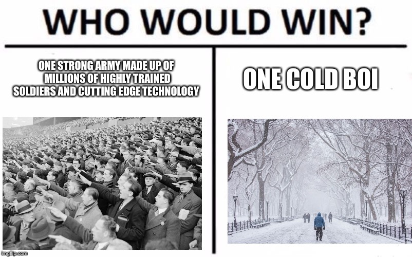 Nazi Germany 1941 | ONE STRONG ARMY MADE UP OF MILLIONS OF HIGHLY TRAINED SOLDIERS AND CUTTING EDGE TECHNOLOGY; ONE COLD BOI | image tagged in memes,who would win,nazi,russia | made w/ Imgflip meme maker