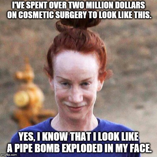 Kathy Griffin | I'VE SPENT OVER TWO MILLION DOLLARS ON COSMETIC SURGERY TO LOOK LIKE THIS. YES, I KNOW THAT I LOOK LIKE A PIPE BOMB EXPLODED IN MY FACE. | image tagged in kathy griffin | made w/ Imgflip meme maker