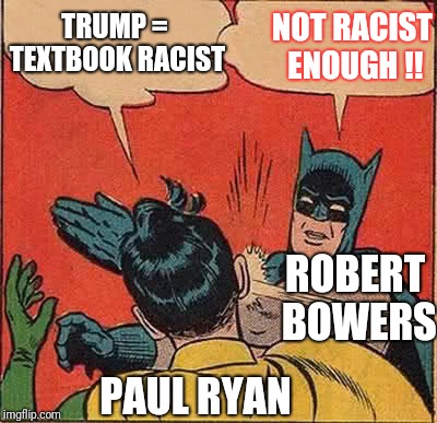 Batman Slapping Robin Meme | ROBERT BOWERS PAUL RYAN TRUMP = TEXTBOOK RACIST NOT RACIST ENOUGH !! | image tagged in memes,batman slapping robin | made w/ Imgflip meme maker