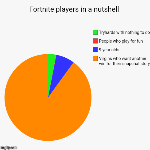 Fortnite players in a nutshell | Virgins who want another win for their snapchat story, 9 year olds, People who play for fun, Tryhards with  | image tagged in funny,pie charts | made w/ Imgflip chart maker