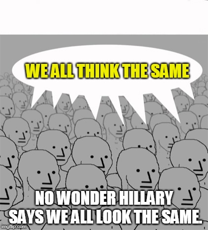 Heil Hillary | WE ALL THINK THE SAME; NO WONDER HILLARY SAYS WE ALL LOOK THE SAME. | image tagged in npcprogramscreed,hillary clinton,racist,liberal hypocrisy | made w/ Imgflip meme maker