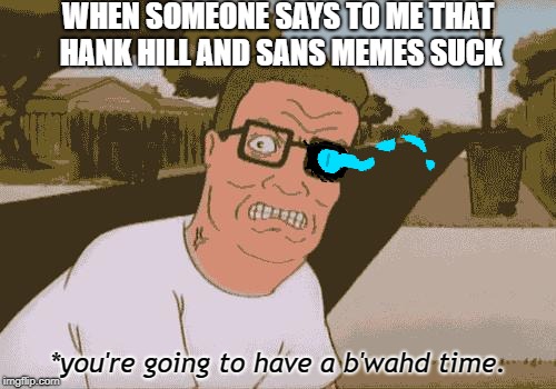 A B'wahd Time | WHEN SOMEONE SAYS TO ME THAT HANK HILL AND SANS MEMES SUCK; *you're going to have a b'wahd time. | image tagged in angry hank hill,hank hill,sans undertale,you're gonna have a bad time | made w/ Imgflip meme maker