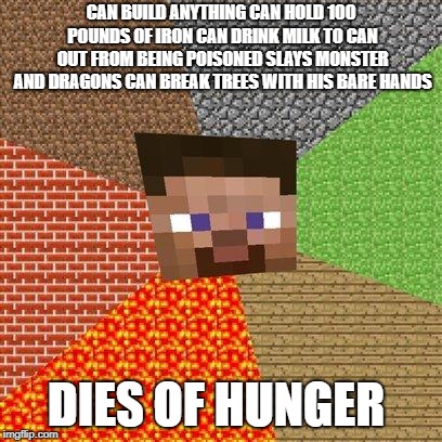 Minecraft Steve | CAN BUILD ANYTHING CAN HOLD 100 POUNDS OF IRON CAN DRINK MILK TO CAN OUT FROM BEING POISONED SLAYS MONSTER AND DRAGONS CAN BREAK TREES WITH HIS BARE HANDS; DIES OF HUNGER | image tagged in minecraft steve | made w/ Imgflip meme maker