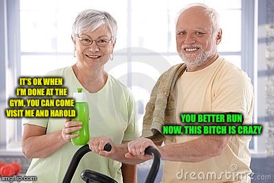 IT’S OK WHEN I’M DONE AT THE GYM, YOU CAN COME VISIT ME AND HAROLD YOU BETTER RUN NOW, THIS B**CH IS CRAZY | made w/ Imgflip meme maker