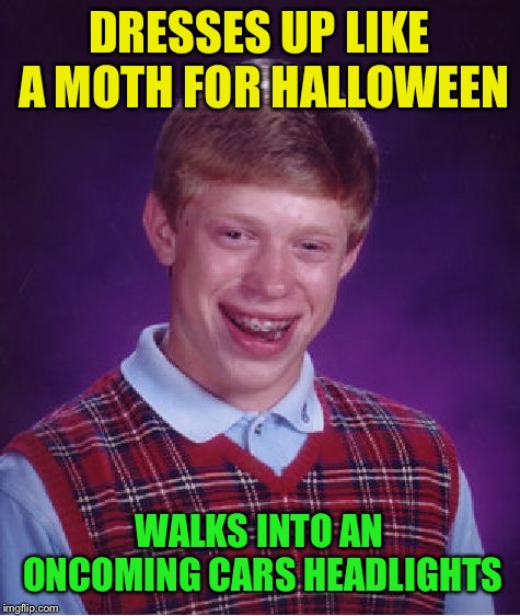 Bad Luck Brian Meme | DRESSES UP LIKE A MOTH FOR HALLOWEEN WALKS INTO AN ONCOMING CARS HEADLIGHTS | image tagged in memes,bad luck brian | made w/ Imgflip meme maker