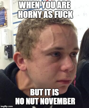 No Nut November | WHEN YOU ARE HORNY AS FUCK; BUT IT IS NO NUT NOVEMBER | image tagged in no nut november,trying to hold a fart next to a cute girl in class,stressed out,nut | made w/ Imgflip meme maker