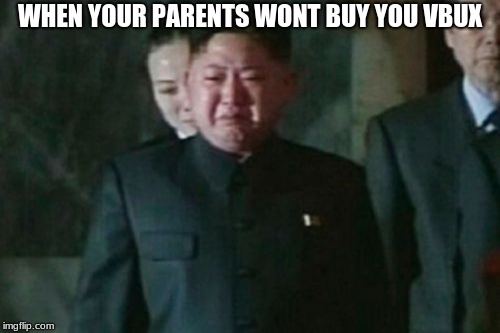 Kim Jong Un Sad | WHEN YOUR PARENTS WONT BUY YOU VBUX | image tagged in memes,kim jong un sad | made w/ Imgflip meme maker