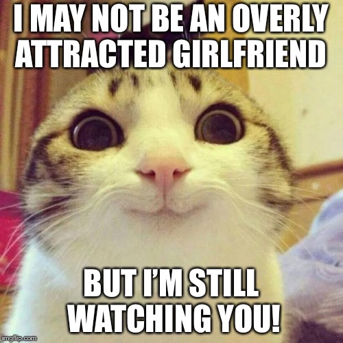 Smiling Cat Meme | I MAY NOT BE AN OVERLY ATTRACTED GIRLFRIEND; BUT I’M STILL WATCHING YOU! | image tagged in memes,smiling cat | made w/ Imgflip meme maker