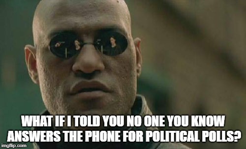 Matrix Morpheus | WHAT IF I TOLD YOU NO ONE YOU KNOW ANSWERS THE PHONE FOR POLITICAL POLLS? | image tagged in memes,matrix morpheus | made w/ Imgflip meme maker