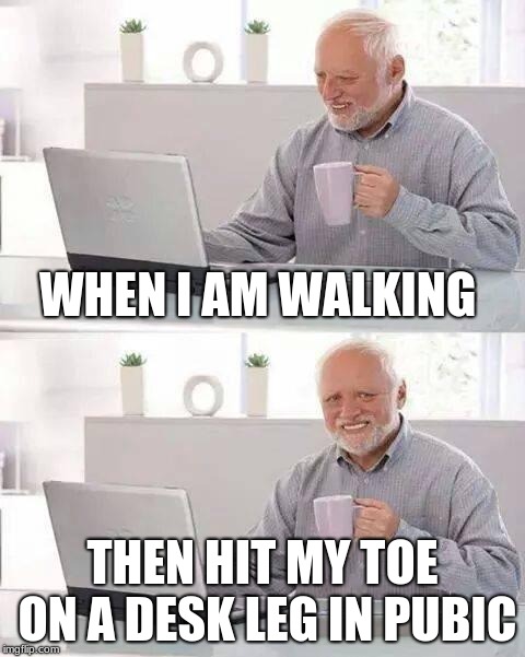 Hide the Pain Harold Meme | WHEN I AM WALKING; THEN HIT MY TOE ON A DESK LEG IN PUBIC | image tagged in memes,hide the pain harold | made w/ Imgflip meme maker