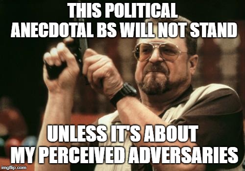 John Goodman | THIS POLITICAL ANECDOTAL BS WILL NOT STAND; UNLESS IT'S ABOUT MY PERCEIVED ADVERSARIES | image tagged in john goodman | made w/ Imgflip meme maker