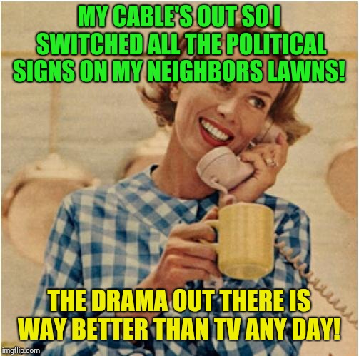 Who needs reality tv when you can make your own! ? | MY CABLE'S OUT SO I SWITCHED ALL THE POLITICAL SIGNS ON MY NEIGHBORS LAWNS! THE DRAMA OUT THERE IS WAY BETTER THAN TV ANY DAY! | image tagged in innocent mom,republicans,democrats,politics | made w/ Imgflip meme maker