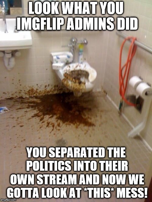 Girls poop too | LOOK WHAT YOU IMGFLIP ADMINS DID; YOU SEPARATED THE POLITICS INTO THEIR OWN STREAM AND NOW WE GOTTA LOOK AT *THIS* MESS! | image tagged in girls poop too | made w/ Imgflip meme maker