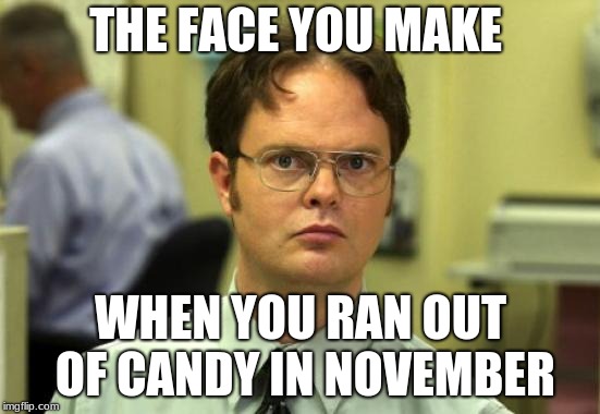 Dwight Schrute Meme | THE FACE YOU MAKE; WHEN YOU RAN OUT OF CANDY IN NOVEMBER | image tagged in memes,dwight schrute | made w/ Imgflip meme maker
