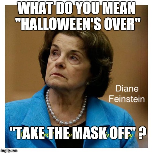 It had to be said , sorry | WHAT DO YOU MEAN "HALLOWEEN'S OVER"; "TAKE THE MASK OFF" ? | image tagged in diane feinstein,ugly,scary,how about no bear,terrible,horror | made w/ Imgflip meme maker
