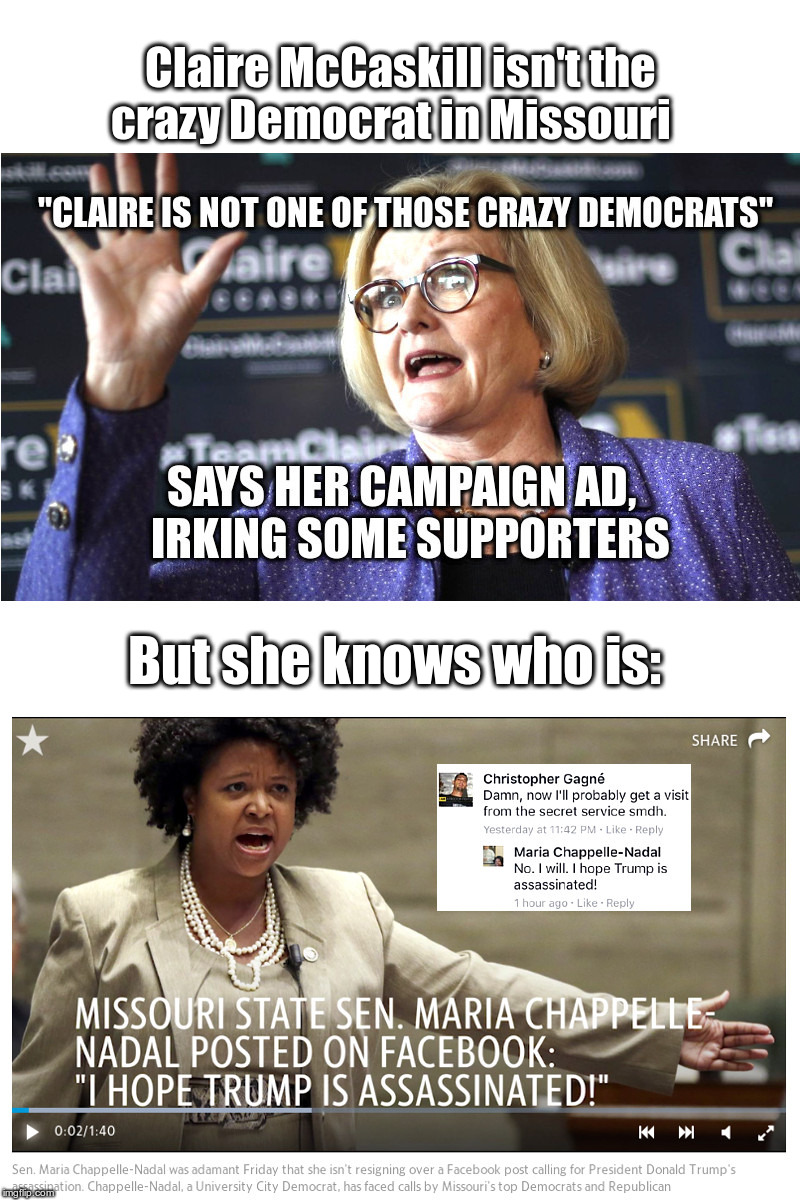 Claire McCaskill isn't the crazy Democrat in Missouri   | Claire McCaskill isn't the crazy Democrat in Missouri; But she knows who is: | image tagged in donald trump,claire mccaskill,maria chappelle-nadal,hate speech,on facebook | made w/ Imgflip meme maker