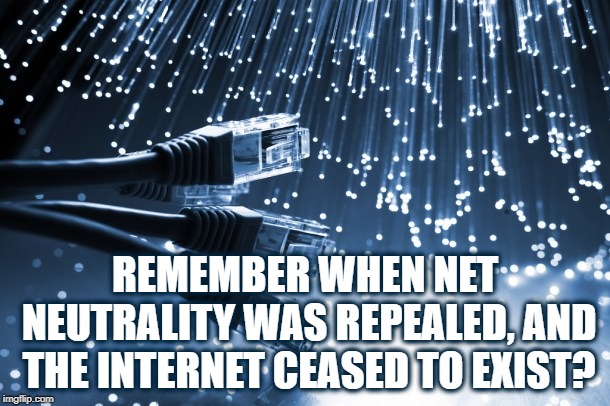 I miss the Internet | REMEMBER WHEN NET NEUTRALITY WAS REPEALED, AND THE INTERNET CEASED TO EXIST? | image tagged in internet,politics,hysteria | made w/ Imgflip meme maker