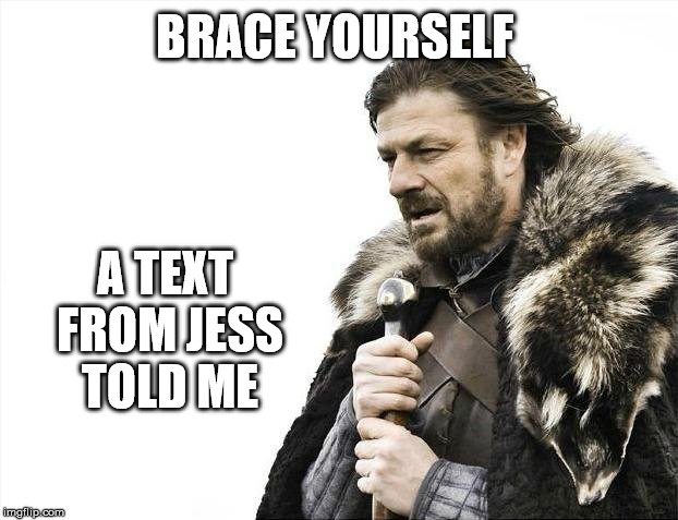 Brace Yourselves X is Coming Meme | BRACE YOURSELF A TEXT FROM JESS TOLD ME | image tagged in memes,brace yourselves x is coming | made w/ Imgflip meme maker