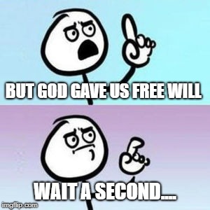 wait... nevermind  | BUT GOD GAVE US FREE WILL WAIT A SECOND.... | image tagged in wait nevermind | made w/ Imgflip meme maker