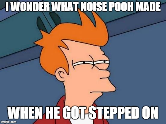 Futurama Fry Meme | I WONDER WHAT NOISE POOH MADE WHEN HE GOT STEPPED ON | image tagged in memes,futurama fry | made w/ Imgflip meme maker