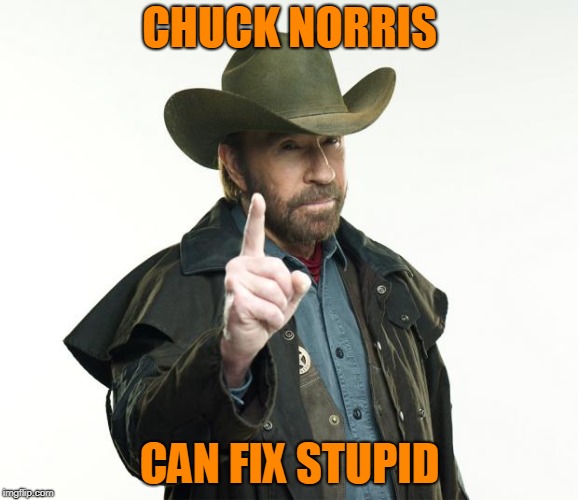 (I don't know if something like this has been done before. If it has, I haven't seen it recently.) | CHUCK NORRIS; CAN FIX STUPID | image tagged in memes,chuck norris finger,chuck norris | made w/ Imgflip meme maker