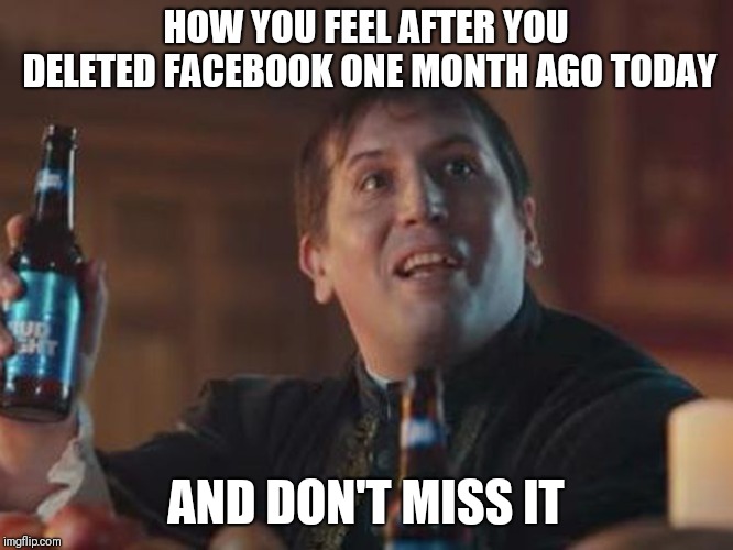 One month ago today I deleted Facebook! | HOW YOU FEEL AFTER YOU DELETED FACEBOOK ONE MONTH AGO TODAY; AND DON'T MISS IT | image tagged in dilly dilly,memes,facebook,bud light | made w/ Imgflip meme maker