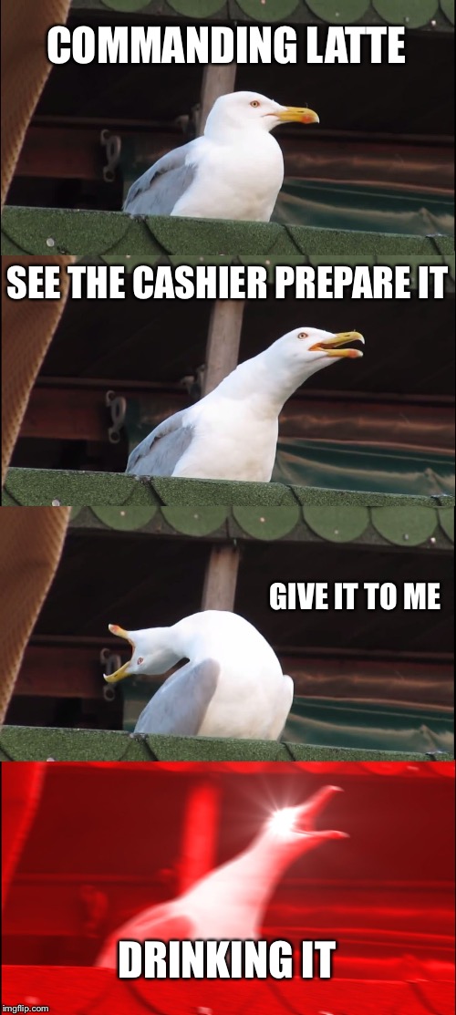 Inhaling Seagull | COMMANDING LATTE; SEE THE CASHIER PREPARE IT; GIVE IT TO ME; DRINKING IT | image tagged in memes,inhaling seagull | made w/ Imgflip meme maker