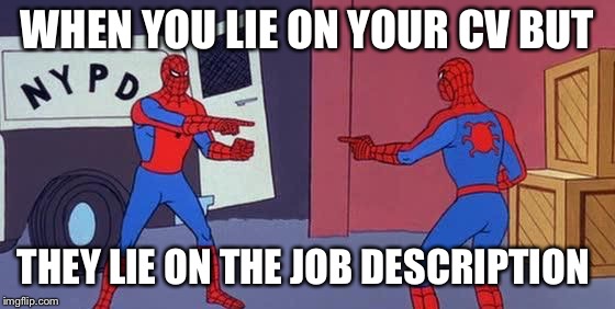 Spider Man Double | WHEN YOU LIE ON YOUR CV BUT; THEY LIE ON THE JOB DESCRIPTION | image tagged in spider man double | made w/ Imgflip meme maker