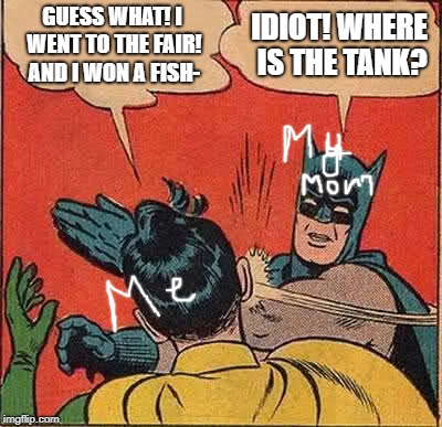 Batman Slapping Robin Meme | GUESS WHAT! I WENT TO THE FAIR! AND I WON A FISH-; IDIOT! WHERE IS THE TANK? | image tagged in memes,batman slapping robin | made w/ Imgflip meme maker