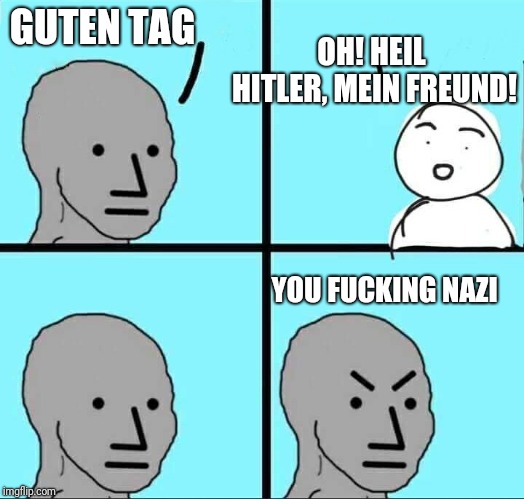 Sometimes, they actually are Nazis | OH! HEIL HITLER, MEIN FREUND! GUTEN TAG; YOU FUCKING NAZI | image tagged in npc meme,nazi,counter | made w/ Imgflip meme maker