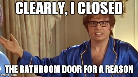 Austin Powers Honestly Meme | CLEARLY, I CLOSED; THE BATHROOM DOOR FOR A REASON | image tagged in memes,austin powers honestly | made w/ Imgflip meme maker