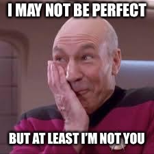 Patrick Stewart smirk | I MAY NOT BE PERFECT; BUT AT LEAST I’M NOT YOU | image tagged in patrick stewart smirk | made w/ Imgflip meme maker