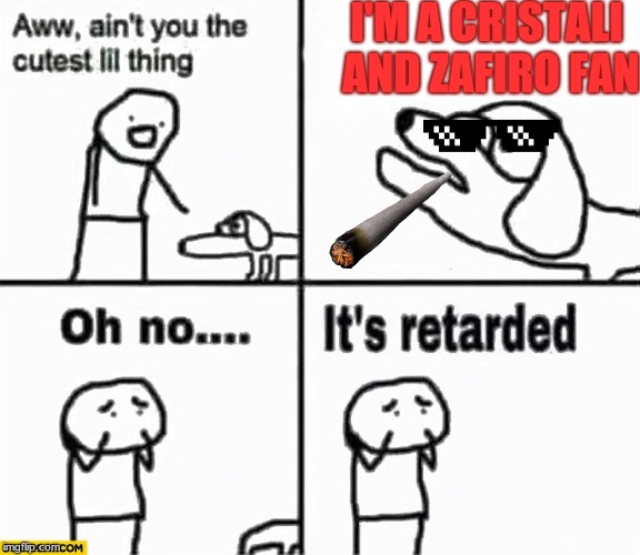 when a dog like a tracer | I'M A CRISTALI AND ZAFIRO FAN | image tagged in oh no it's retarded | made w/ Imgflip meme maker