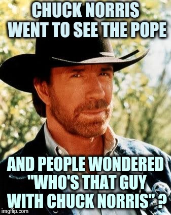 Imgflipping an old joke | CHUCK NORRIS WENT TO SEE THE POPE; AND PEOPLE WONDERED "WHO'S THAT GUY WITH CHUCK NORRIS" ? | image tagged in memes,chuck norris,the pope,guess who,i know that feel bro,i don't know | made w/ Imgflip meme maker
