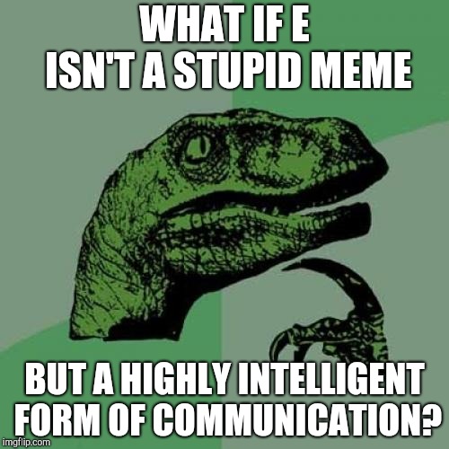 Philosoraptor | WHAT IF E ISN'T A STUPID MEME; BUT A HIGHLY INTELLIGENT FORM OF COMMUNICATION? | image tagged in memes,philosoraptor | made w/ Imgflip meme maker