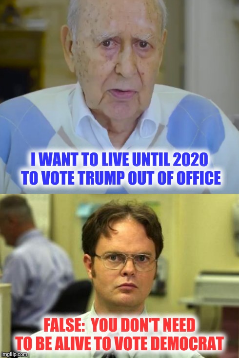 Carl Reiner experiences a brain fart | I WANT TO LIVE UNTIL 2020 TO VOTE TRUMP OUT OF OFFICE; FALSE:  YOU DON'T NEED TO BE ALIVE TO VOTE DEMOCRAT | image tagged in carl reiner,dwight schrute,donald trump,democrat,vote | made w/ Imgflip meme maker