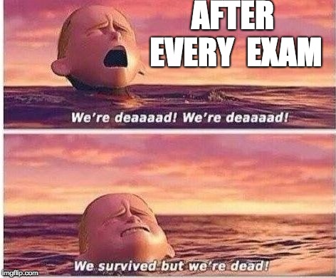 We survived but we're dead | AFTER EVERY 
EXAM | image tagged in we survived but we're dead | made w/ Imgflip meme maker
