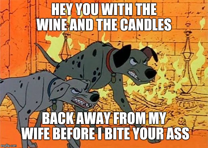 101 Dalmatians | HEY YOU WITH THE WINE AND THE CANDLES; BACK AWAY FROM MY WIFE BEFORE I BITE YOUR ASS | image tagged in 101 dalmatians | made w/ Imgflip meme maker