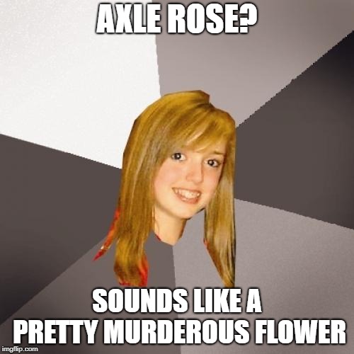 There was once a time where I made poor fashion choices and wore a bandanna like his :( | AXLE ROSE? SOUNDS LIKE A PRETTY MURDEROUS FLOWER | image tagged in memes,musically oblivious 8th grader,axl rose,funny,music,rock | made w/ Imgflip meme maker