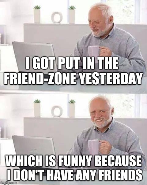 Hide the Pain Harold | I GOT PUT IN THE FRIEND-ZONE YESTERDAY; WHICH IS FUNNY BECAUSE I DON'T HAVE ANY FRIENDS | image tagged in memes,hide the pain harold | made w/ Imgflip meme maker