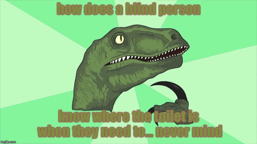 philosoraptor | how does a blind person; know where the toilet is when they need to... never mind | image tagged in new wide philosoraptor | made w/ Imgflip meme maker