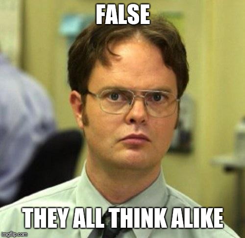 False | FALSE THEY ALL THINK ALIKE | image tagged in false | made w/ Imgflip meme maker