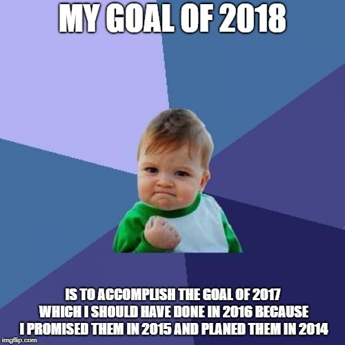 Success Kid Meme | MY GOAL OF 2018; IS TO ACCOMPLISH THE GOAL OF 2017 WHICH I SHOULD HAVE DONE IN 2016 BECAUSE I PROMISED THEM IN 2015 AND PLANED THEM IN 2014 | image tagged in memes,success kid | made w/ Imgflip meme maker