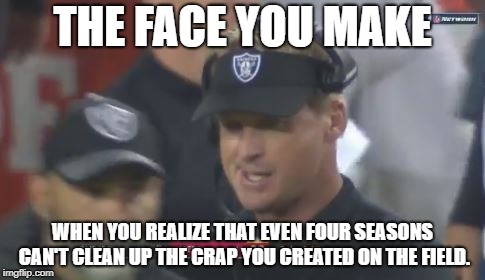 Jon Gruden needs more than four seasons...to clean up the crap he created on the field | THE FACE YOU MAKE; WHEN YOU REALIZE THAT EVEN FOUR SEASONS CAN'T CLEAN UP THE CRAP YOU CREATED ON THE FIELD. | image tagged in jon gruden the face you make,nfl football,memes,seasons,four,lawn | made w/ Imgflip meme maker